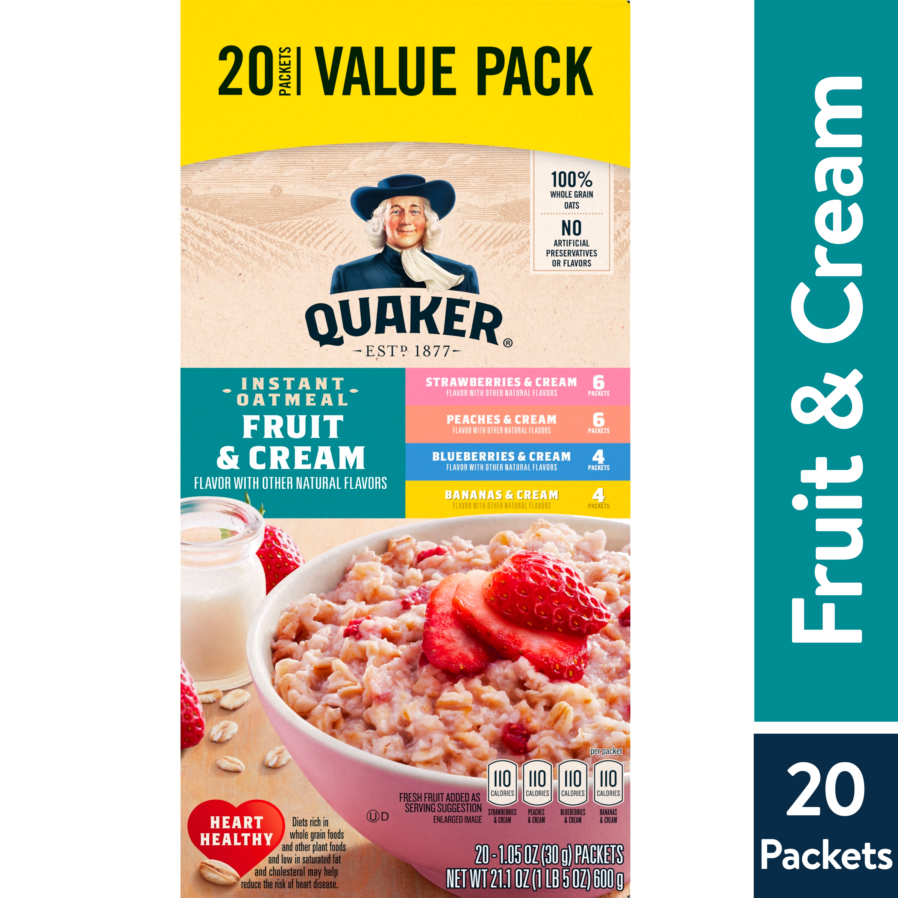 Quaker Instant Oatmeal, Fruit & Cream Variety Pack, Quick Cook Oatmeal, 1.1 oz Packets, 20 Pack - image 1 of 12