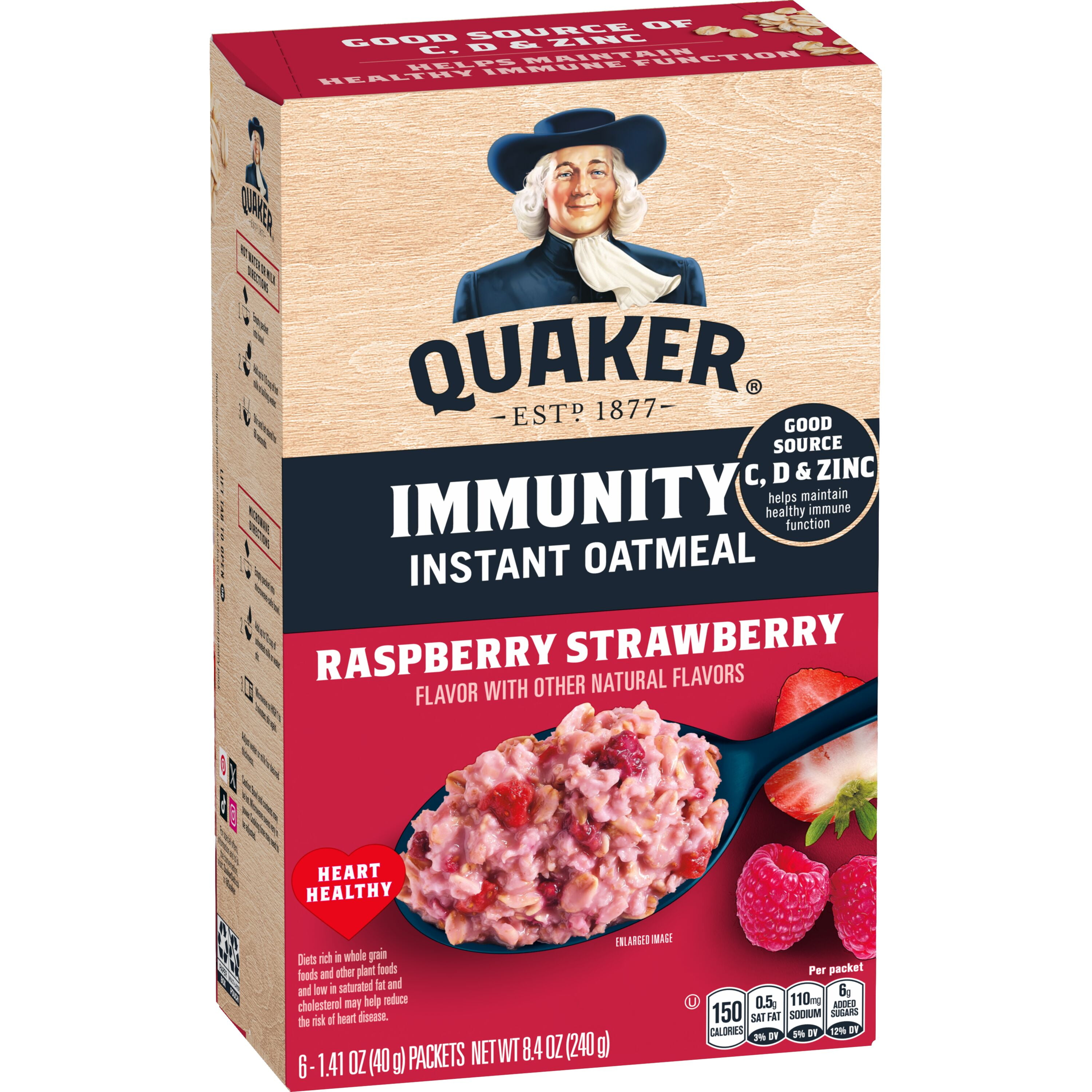 Quaker Immunity Instant Oatmeal, Raspberry Strawberry, Good Source of Vitamins C, D, & Zinc, Whole Grains, 1.41 oz packets, (6 Pack)