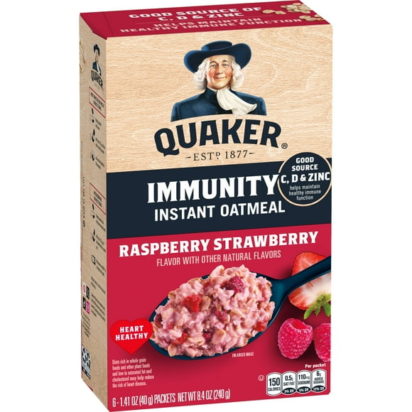 Quaker Immunity Instant Oatmeal, Raspberry Strawberry, Good Source of Vitamins C, D, & Zinc, Whole Grains, 1.41 oz packets, (6 Pack)