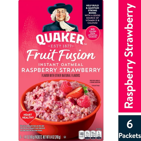 Quaker Instant Oatmeal, Fruit Fusion Raspberry Strawberry, Ready-to-Microwave, 8.4 oz box, 6 Packets