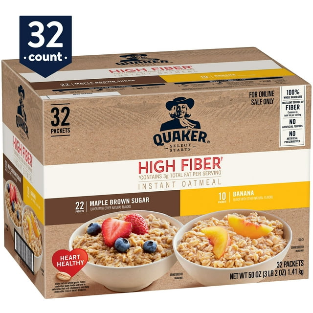 Quaker Instant Oatmeal, High Fiber Variety Pack, Quick Cook Readyto