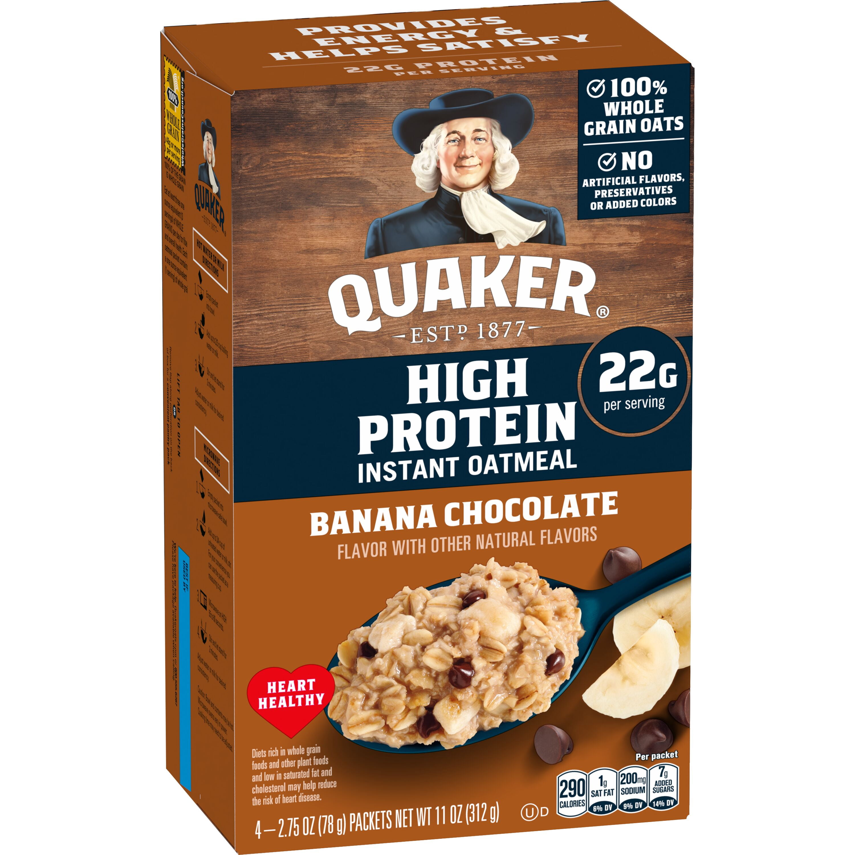 Quaker High Protein Banana Chocolate Instant Oatmeal Packets, 2.75 oz (4 Count)​