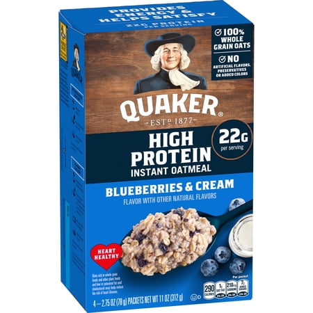 Quaker High Protein Blueberries & Cream Instant Oatmeal Packets, 2.75 oz (4 Count)