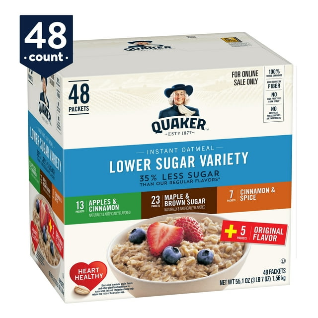 Quaker Instant Oatmeal, Low Sugar, Variety Pack, Individual Packets, 48 Ct