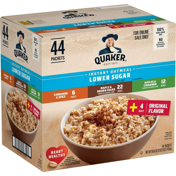 Quaker Instant Oatmeal, Lower Sugar, 4 Flavor Variety Pack, 44 Packets