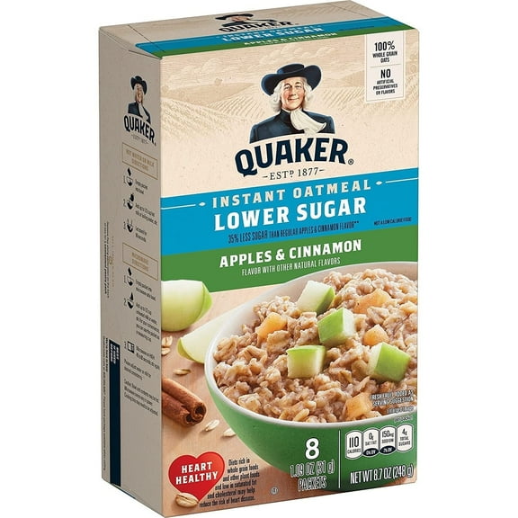 Quaker Instant Oatmeal, Lower Sugar Apples & Cinnamon, 8 Count Boxes (Pack of 4), 1.09 ounce (Pack of 32)