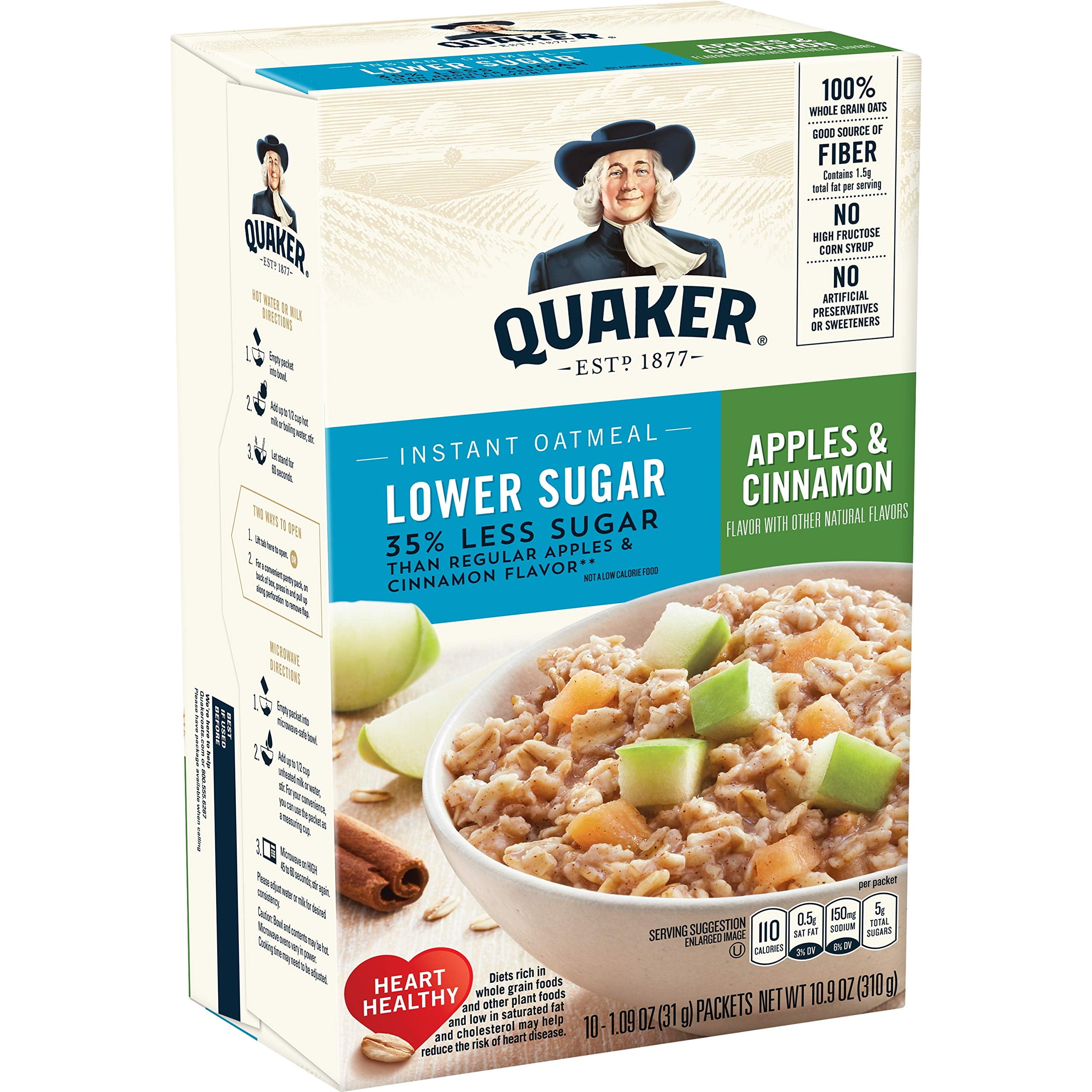 Quaker Instant Oatmeal, Lower Sugar, Apples & Cinnamon, Breakfast
