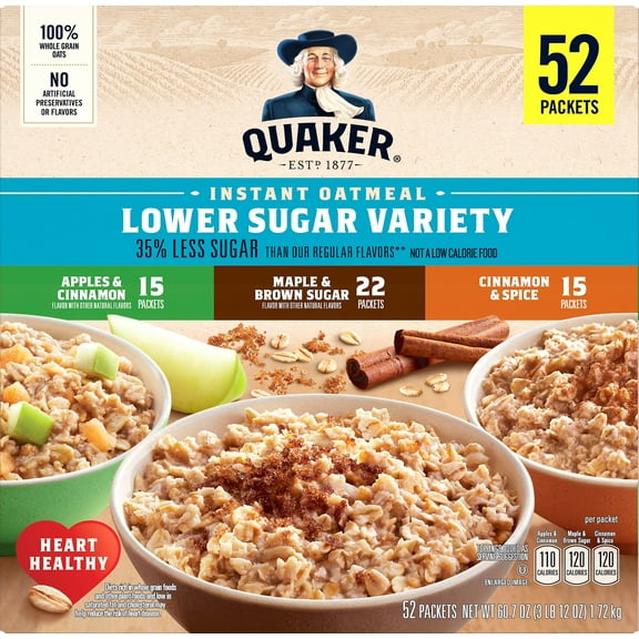Quaker Instant Oatmeal Lower Sugar Variety 60.7 Oz 52 Count