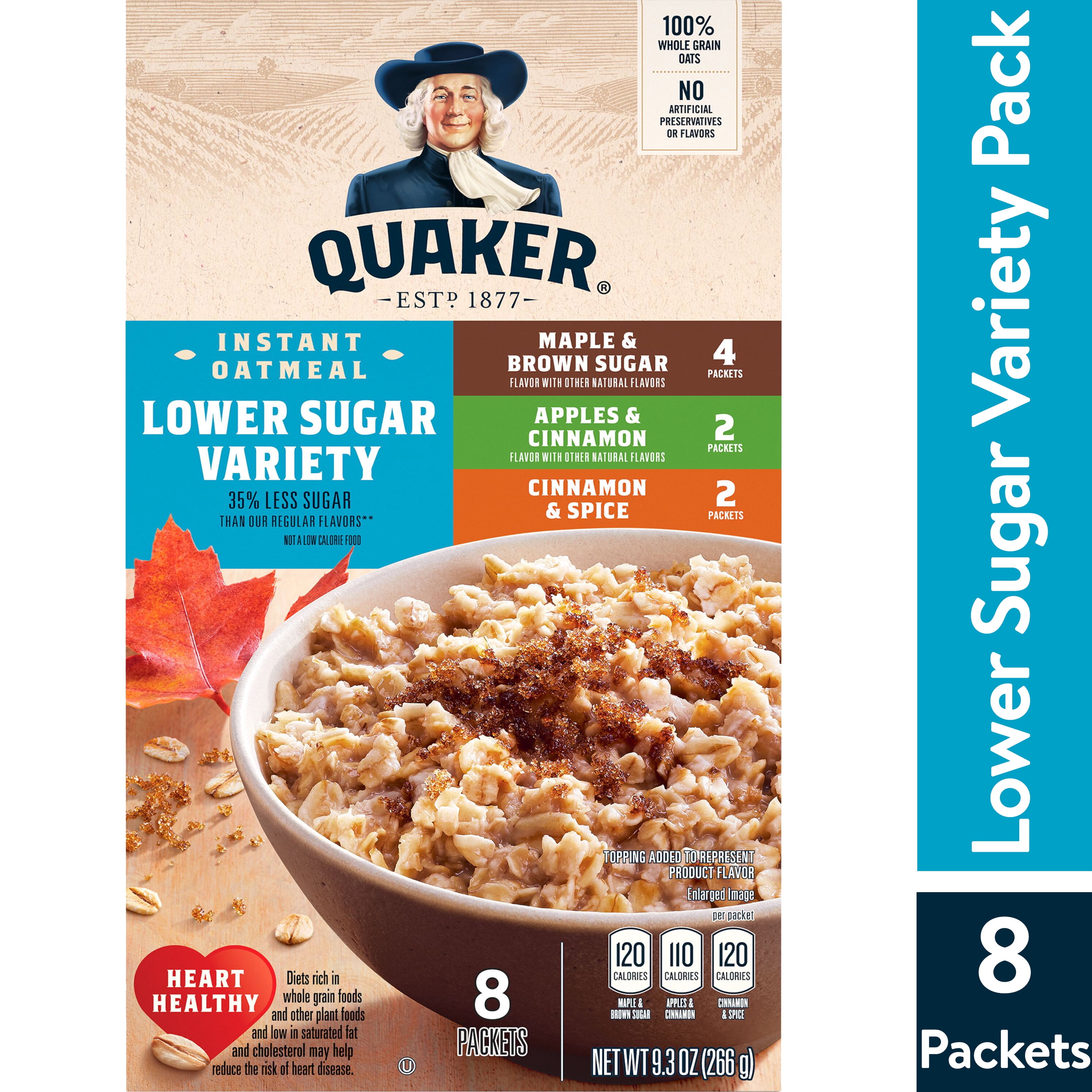 Quaker Instant Oatmeal, Lower Sugar Variety, Quick Cook Oatmeal, 8