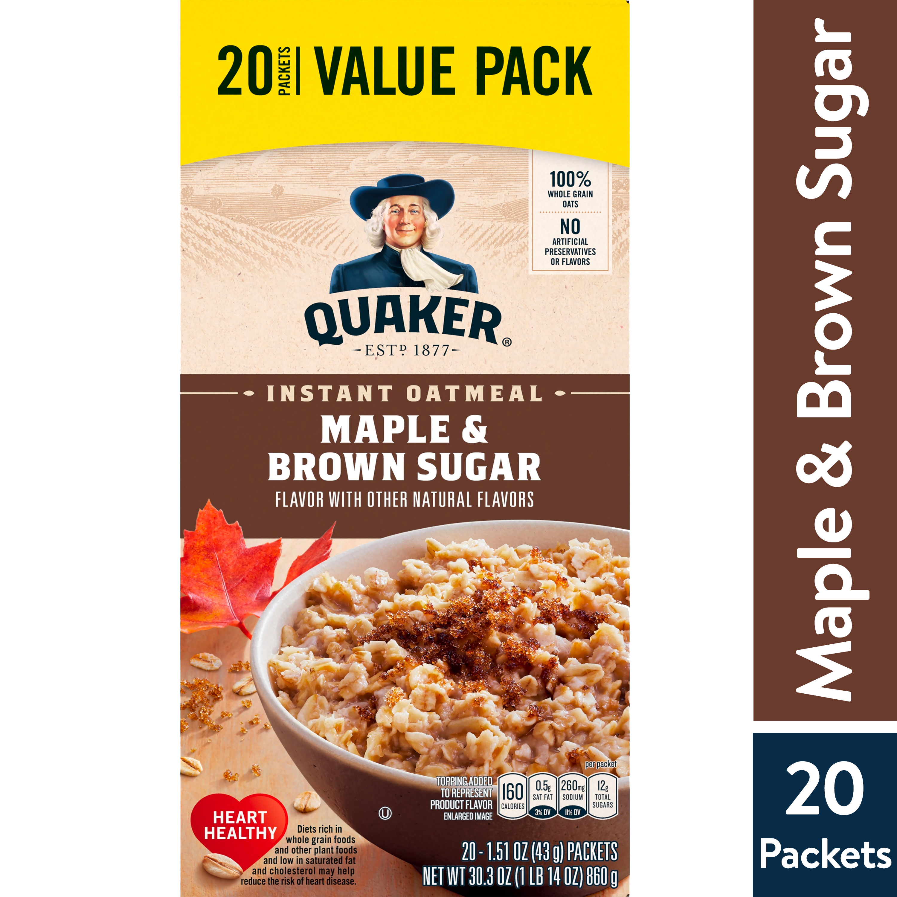 Quaker, Instant Oatmeal, Maple & Brown Sugar, Quick Cook Oatmeal, 1.51 oz, 20 Packets - image 1 of 8