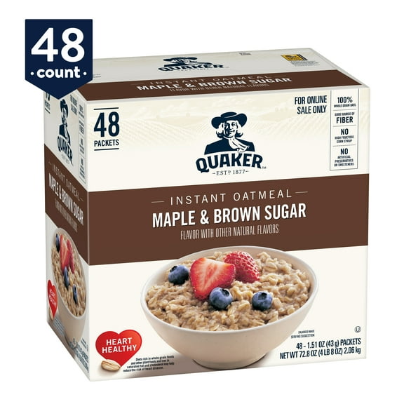 Quaker Instant Oatmeal, Maple & Brown Sugar, Quick Cook Oatmeal, 48 Packets