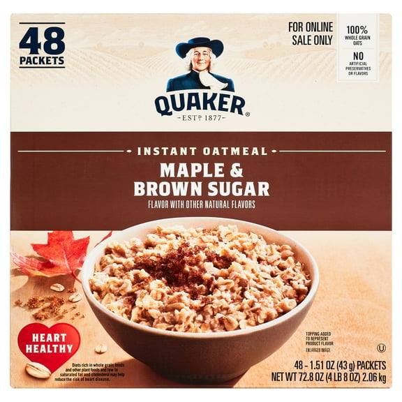 Quaker Instant Oatmeal, Maple & Brown Sugar, Quick Cook Oatmeal, 48 Packets