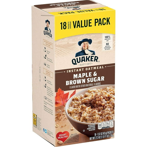 Quaker Instant Oatmeal, Maple and Brown Sugar, 18 Count