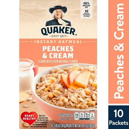 Quaker Instant Oatmeal, Peaches & Cream, 1.05 oz, 10 Packets