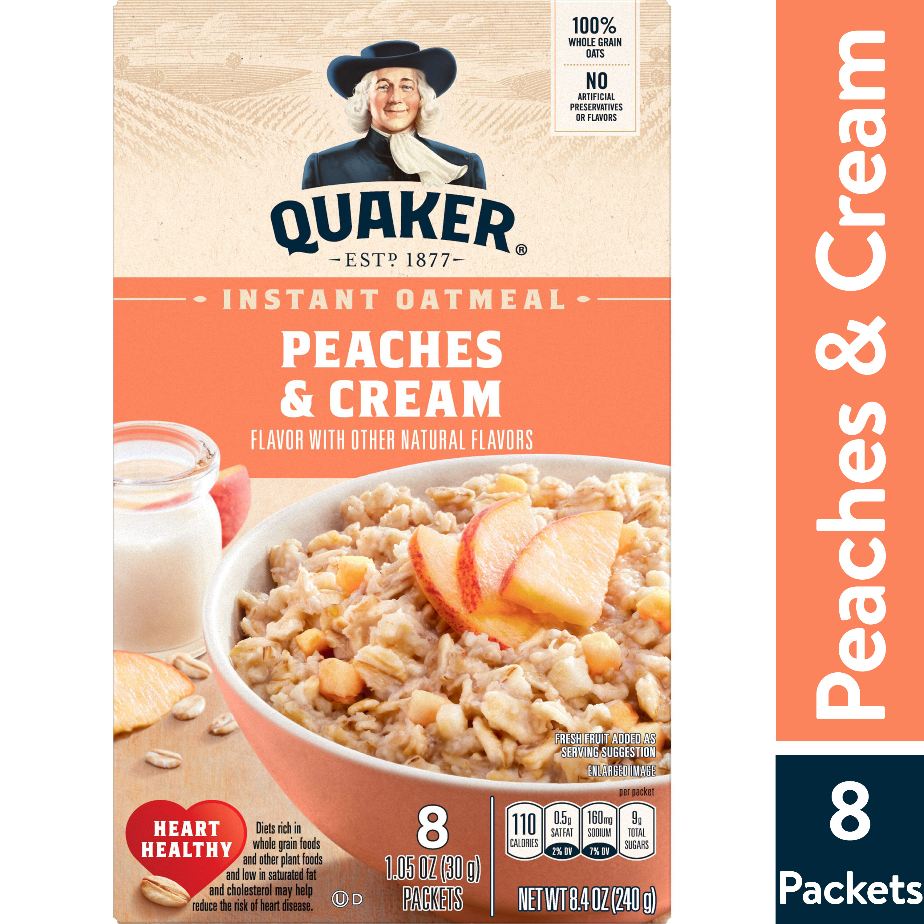 Quaker Instant Oatmeal, Peaches & Cream, 1.05 oz, 8 Packets - image 1 of 14