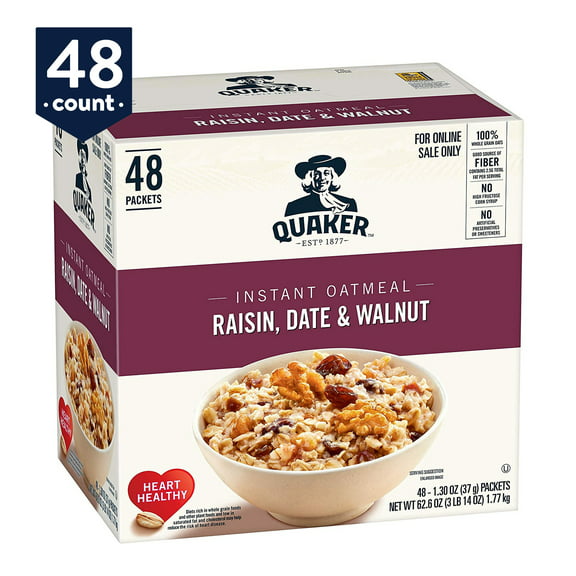 Quaker Instant Oatmeal, Raisin, Date & Walnut, Individual Packets, 48 Count