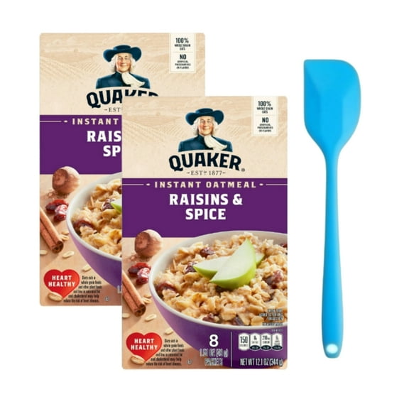 Quaker Instant Oatmeal, Raisin Spice, 12.1 oz Dry Mix Hot Cereal Box (2 Pack) with Spatula