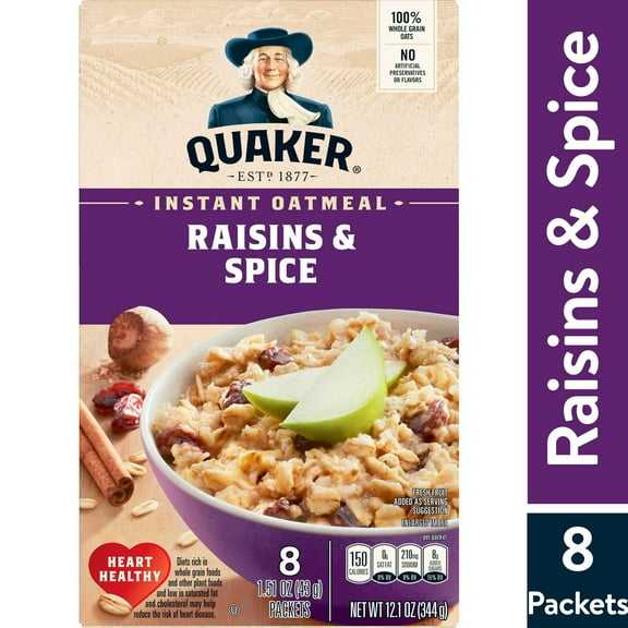 Quaker Instant Oatmeal, Raisin Spice, 12.1oz Dry Mix Hot Cereal Box--