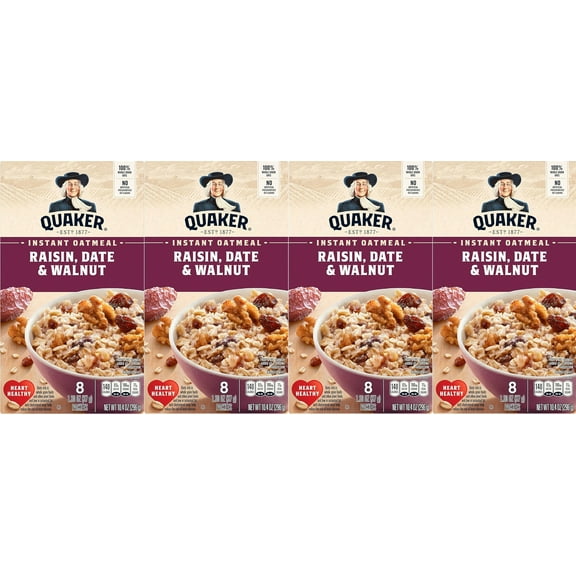 Quaker Instant Oatmeal Raisins, Date & Walnut 1.30 oz each, 8 Count (Pack of 4)