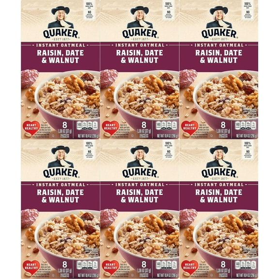 Quaker Instant Oatmeal Raisins, Date & Walnut 1.30 oz each, 8 Count (Pack of 6)