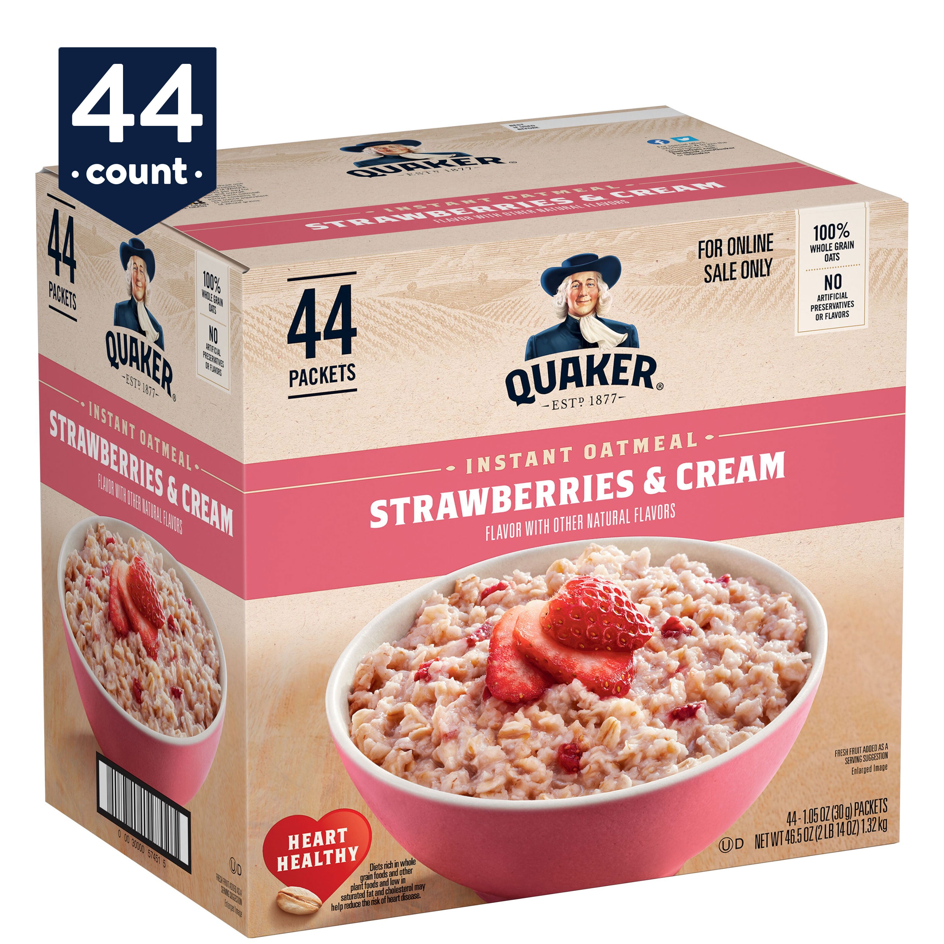 Quaker Instant Oatmeal, Strawberries and Cream, 44 Packets