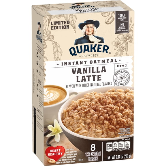 Quaker 100% Whole Grain Oats Instant Oatmeal, Vanilla Latte, 1.23 oz Packets, 8 Pack