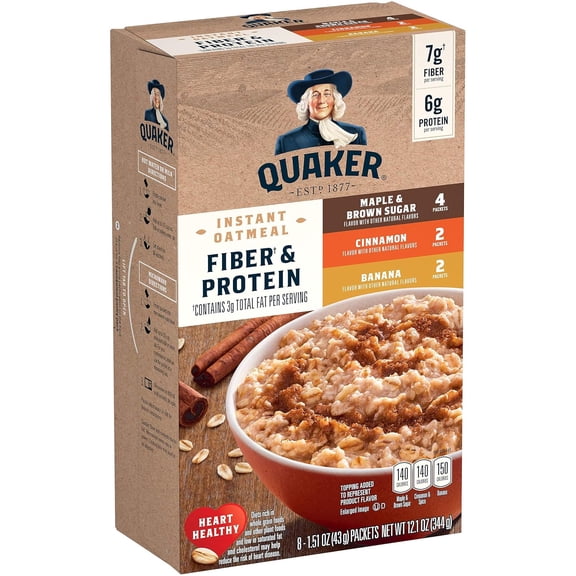 Quaker Instant Oatmeal Fiber & Protein Variety Pack. 1 Box with 8 Individual Packets. Banana Cinnamon Maple Brown Sugar