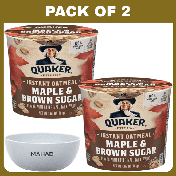 Quaker Maple & Brown Sugar Flavored Instant Oatmeal, 1.69 oz Cup, 1 Count-2 pack-with Bowl