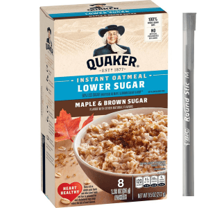 Quaker Maple & Brown Sugar Lower Sugar Instant Oatmeal with pan