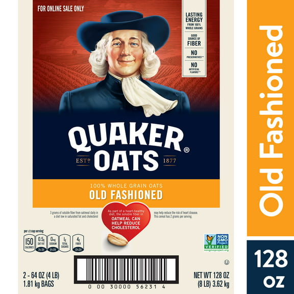 Quaker Old Fashioned 100% Whole Grain Oats, Rolled Oatmeal, 64 oz Bags, 2 Count Box