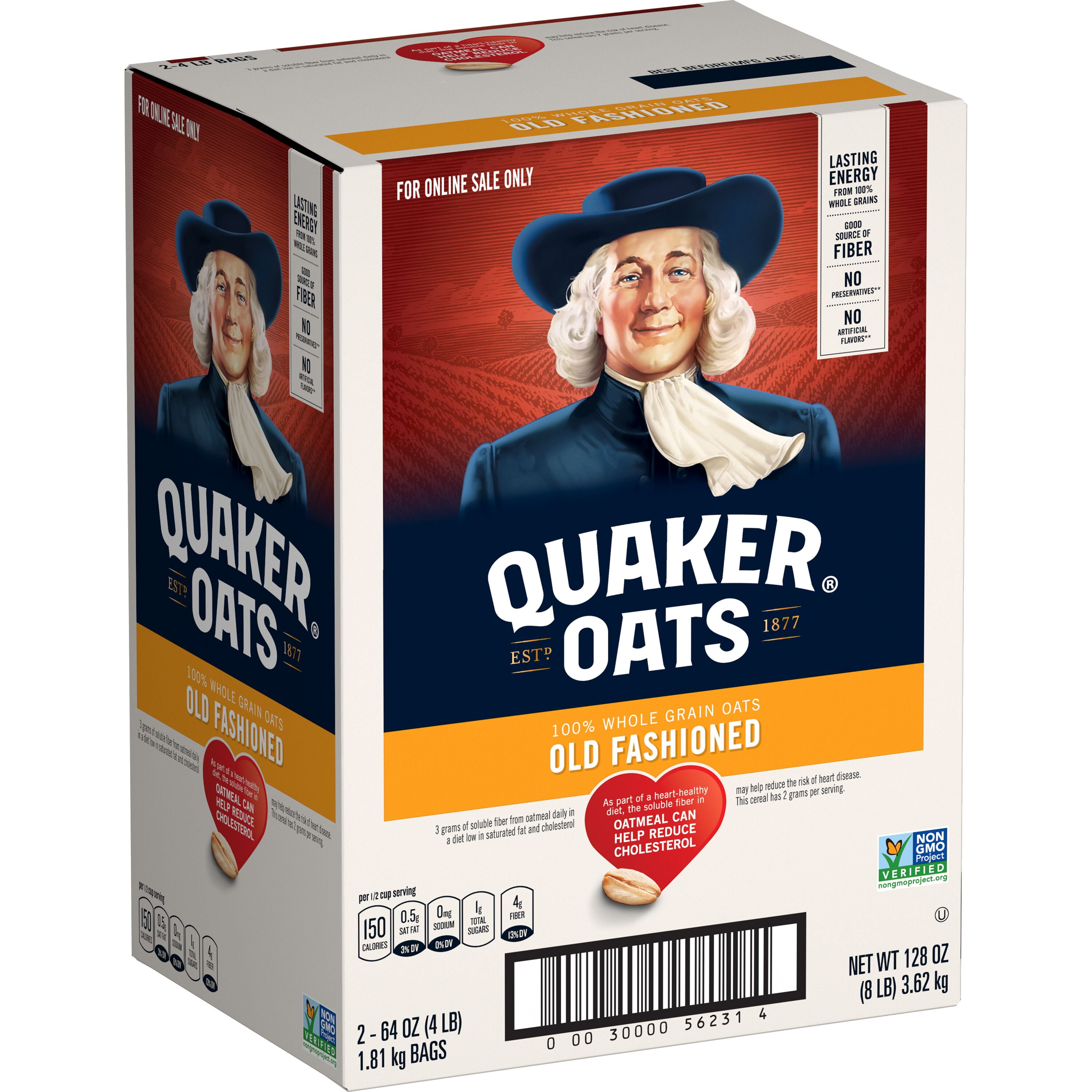 Quaker Old Fashioned 100% Whole Grain Oats, Rolled Oatmeal, 64 oz Bags, 2 Count Box