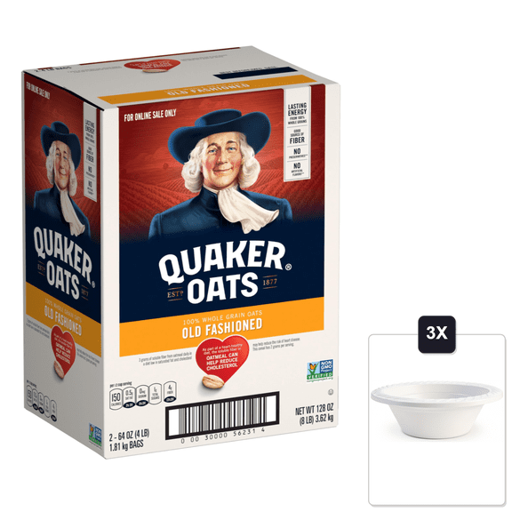Quaker Old Fashioned Rolled Oats, Two 64 oz Bags In Box, 90 Servings, 4 lb (Pack Of 2) & 3x 12oz Disposable Plastic Bowl