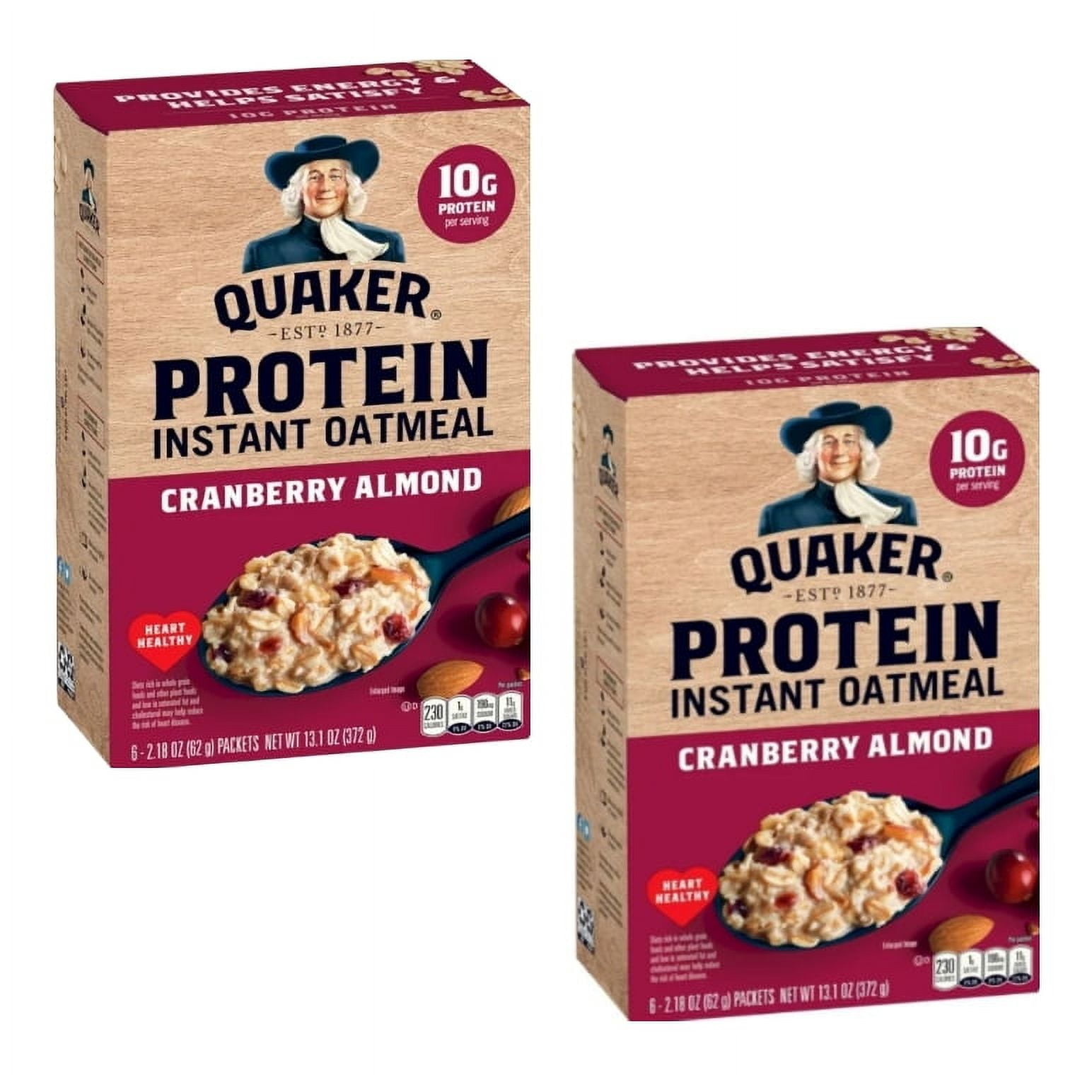 Quaker Protein Instant Oatmeal, Cranberry Almond Flavor, 2.18 oz Packets (2 pack)