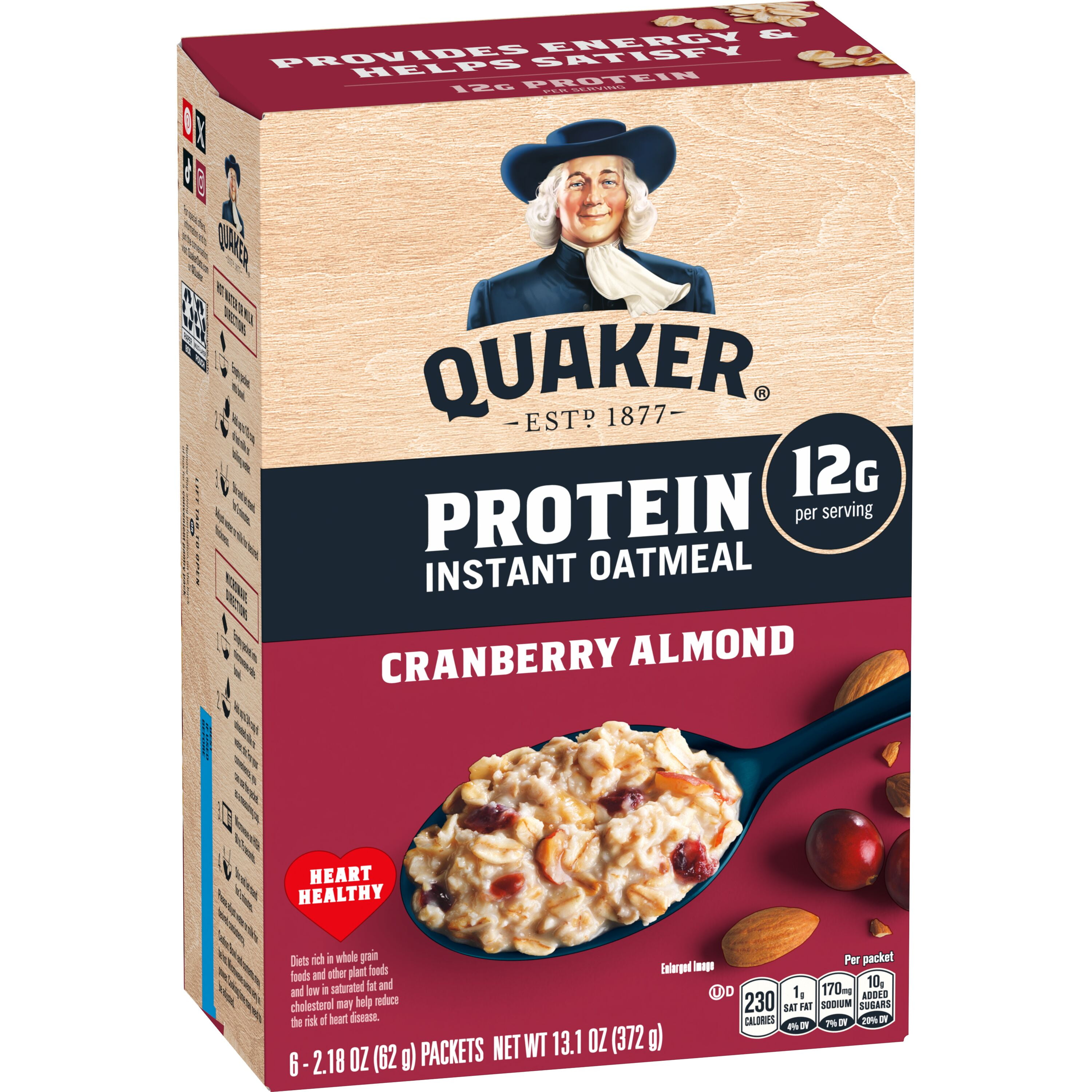 Quaker Protein Instant Oatmeal, Cranberry Almond Flavor, 2.18 oz Packets (6 Pack)