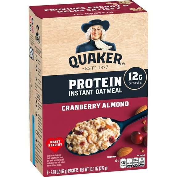 Quaker Protein Instant Oatmeal, Cranberry Almond, 12g Protein per Serving, Whole Grains, No Artificial Flavors, 2.18 oz Packets, (6 Pack)