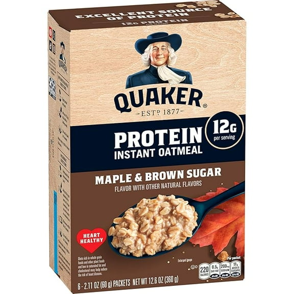 Quaker Protein Instant Oatmeal, Maple Brown Sugar, 12g Protein per Serving, Whole Grains, No Artificial Flavors, No Added Colors, 2.11 oz Packets, (6 Pack)