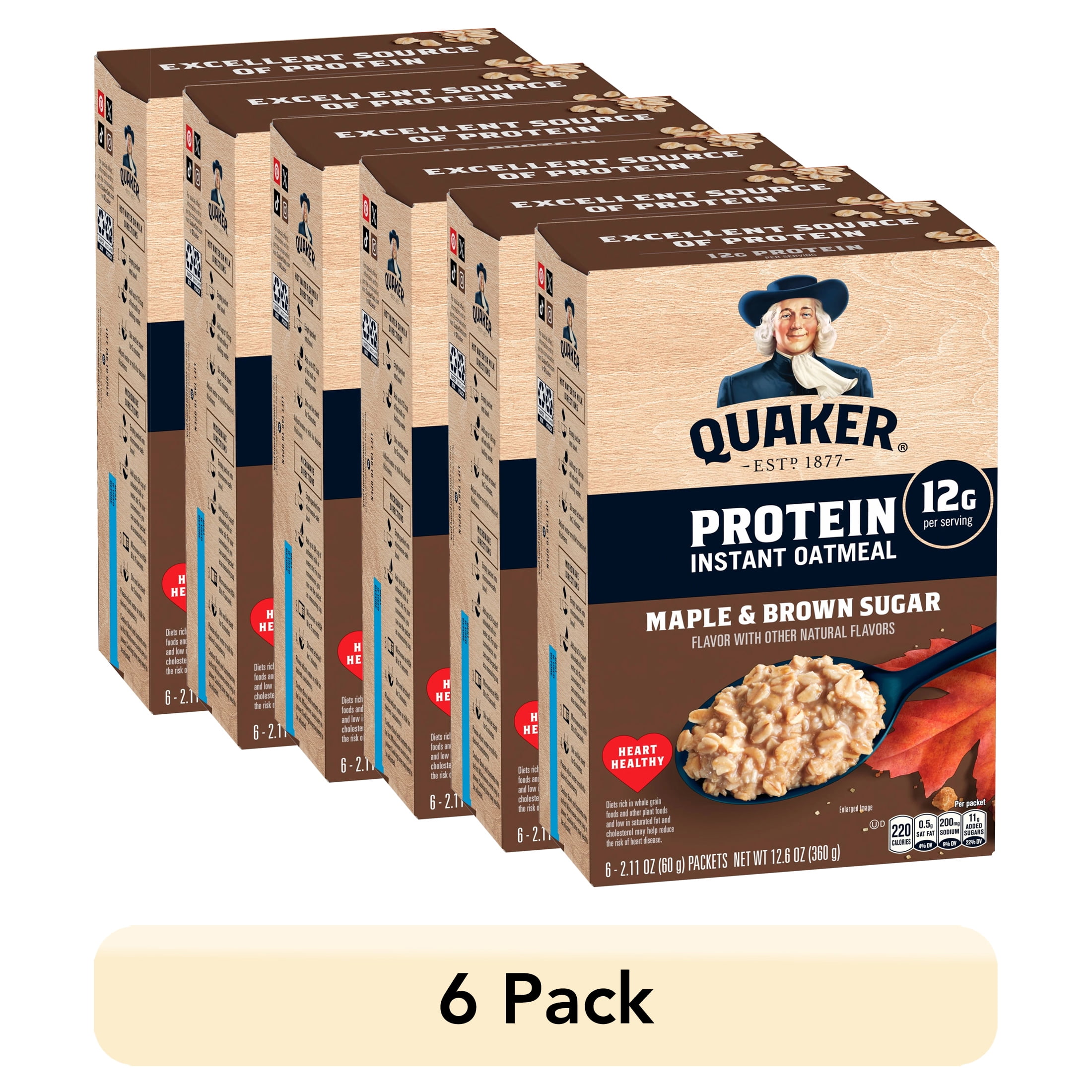 Quaker, Protein Instant Oatmeal, Maple & Brown Sugar, 2.11 oz, 6 Packets