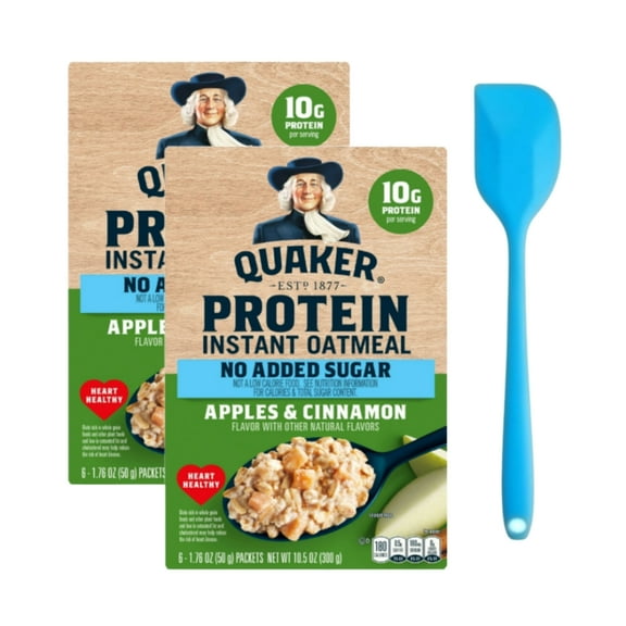 Quaker Protein No Added Sugar Apple Cinnamon flavored Instant Oatmeal, 10.5 oz (2 Pack) with Spatula