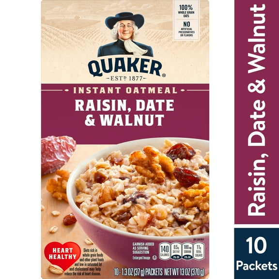 Quaker Raisin Date & Walnut Flavor Instant Oatmeal, 1.3 oz Paperboard Box 10 Packets