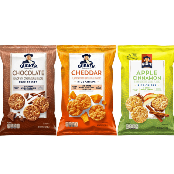 Quaker Rice CRISPS Variety Bundle 3.03 OZ - PACK OF 3 FLAVOURES. APPLE CINNAMON CRISPS 3.52 OZ & CHEDDAR RICE CRISPS 3.03 OZ & CHOCOLATE CRISPS 3.52 OZ..