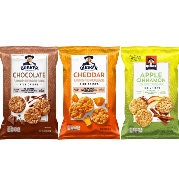Quaker Rice CRISPS Variety Bundle 3.03 OZ - PACK OF 3 FLAVOURES. APPLE CINNAMON CRISPS 3.52 OZ & CHEDDAR RICE CRISPS 3.03 OZ & CHOCOLATE CRISPS 3.52 OZ..
