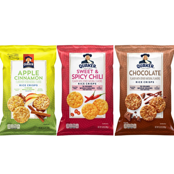 Quaker Rice CRISPS Variety Bundle 3.03 OZ - PACK OF 3 FLAVOURES.APPLE CINNAMON CRISPS 3.52 OZ & SWEET & SPICY CHILLI CRISPS 3.03 OZ & CHOCOLATE CRISPS 3.52 OZ..
