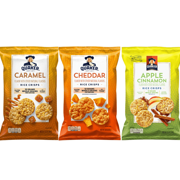 Quaker Rice CRISPS Variety Bundle 3.03 OZ - PACK OF 3 FLAVOURES.CARAMEAL CRISPS 3.52 OZ & CHEDDAR RICE CRISPS 3.03 OZ & APPLE CINNAMON CRISPS 3.52 OZ