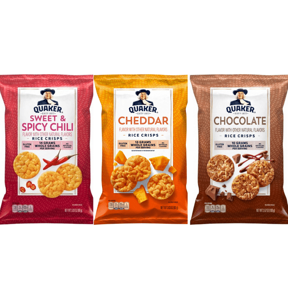 Quaker Rice CRISPS Variety Bundle 3.03 OZ - PACK OF 3 FLAVOURES. SWEET & SPICY CHILLI CRISPS 3.03 OZ & CHEDDAR RICE CRISPS 3.03 OZ & CHOCOLATE CRISPS 3.52 OZ..