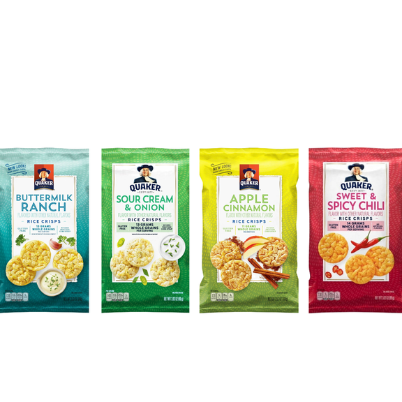 Quaker Rice CRISPS Variety Bundle 3.03 OZ - PACK OF 4 FLAVOURES BUTTERMILK RANCH 3.03 OZ & SOUR CREAM &ONION 3.03 OZ & APPLE CINNAMON CRISPS 3.52 OZ & SWEET &SPICY CHILLI CRISPS 3.03 OZ ..