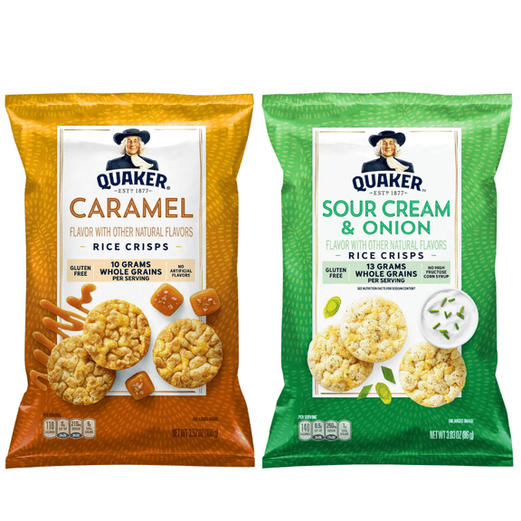 Quaker Rice CRISPS Variety Bundle 3.03 OZ - PACK OF 2 FLAVOURES.CARAMEAL CRISPS 3.52 OZ & SOUR CREAM AND ONIONC RISPS 3.03 OZ..