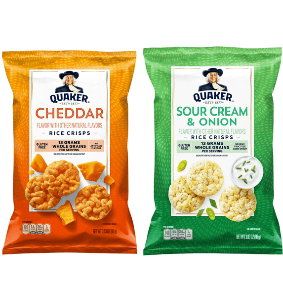 Quaker Rice CRISPS Variety Bundle 3.03 OZ - PACK OF 2 FLAVOURES.CHEDDAR CRISPS 3.03 OZ & SOUR CREAM AND ONION CRISPS 3.03 OZ ..