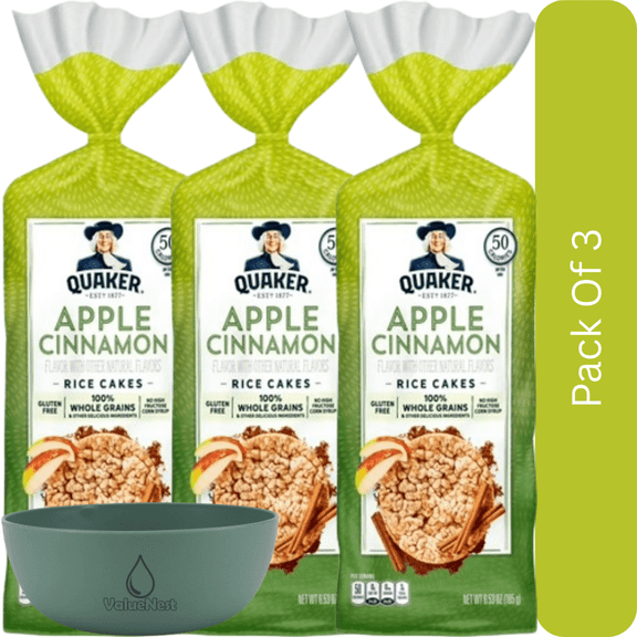 Quaker Rice Cakes Apple Cinnamon, 6.53 oz-3pk,With Olive Green Bowl By ValueNest