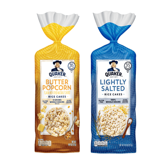 Quaker Rice Cakes Variety Bundle - Pack Of  2  Flavors,LIGHTLY SALTED RICE CAKE ,BUTTER POPCORN..