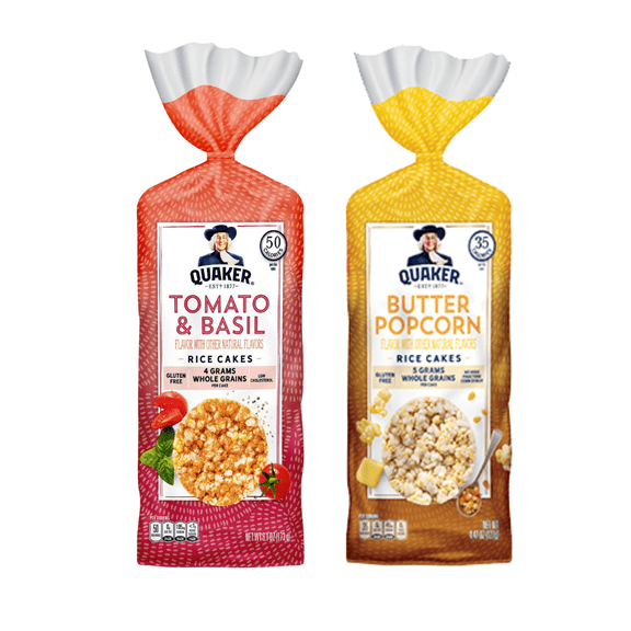 Quaker Rice Cakes Variety Bundle - Pack Of  2  Flavors,TOMATO AND BASIL RICE CAKE ,BUTTER POPCORN RICE CAKE..